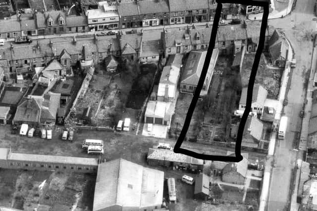 Aerial view of our garden and Clerk Street 1963 before the demolition of the corner houses.
