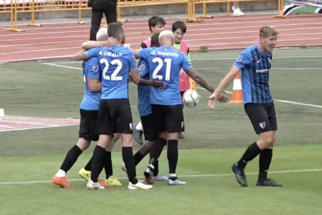 inter Club d'Escaldes players celebrate Jean Luc Assoubre's goal in their 2-1 victory over Hibs. Picture: Contributed