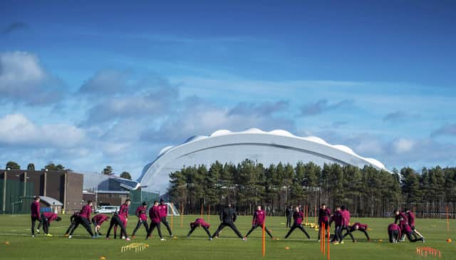 The Hearts players in training at the Oriam. Picture: SNS