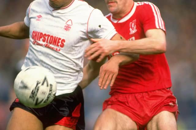 Des Walker of Nottingham Forest holds off John Aldridge of Liverpool in the late 1980s. Picture: Allsport UK