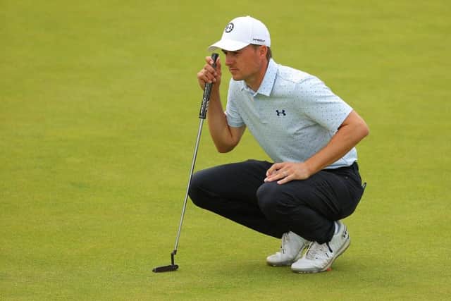 Jordan Spieth lines up a putt at The Renaissnce Club on day three of the Genesis Scottish Open. Picture: Kevin C. Cox/Getty Images.