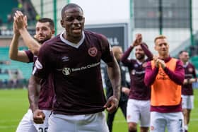 Uche Ikpeazu celebrates after helping Hearts to defeat Hibs at Easter Road in 2019. Picture: SNS
