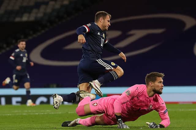 Ryan Fraser turns to celebrate in front of an empty stand after he scores for Scotland against the Czech Republic at Hampden (Picture: Ian MacNicol/Getty Images)