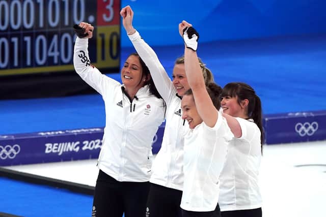 Great Britain's Eve Muirhead, Vicky Wright, Hailey Duff and Jennifer Dodds celebrate winning gold