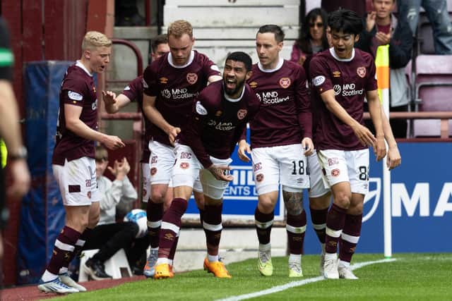 Josh Ginnelly celebrates making it 1-1 for Hearts against Aberdeen.