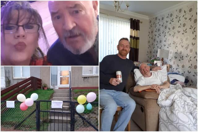 Sue Mansfield (top left) with Roger and her partner Mark (right) with the 77-year-old after he was discharged from hospital.