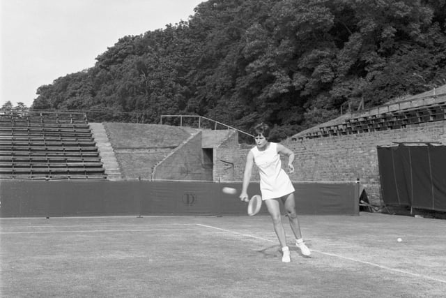 Scottish tennis player Winnie Shaw in action at the Scottish Lawn Tennis Championships at Craiglockhart in July 1966.