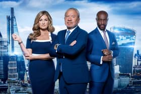Sir Alan Sugar flanked by fellow Apprentice judges Baroness Brady and Tim Campbell