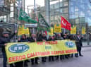 RMT members demonstrating outside Caledonian Sleeper operator Serco's offices in London. Picture: Cat Cray