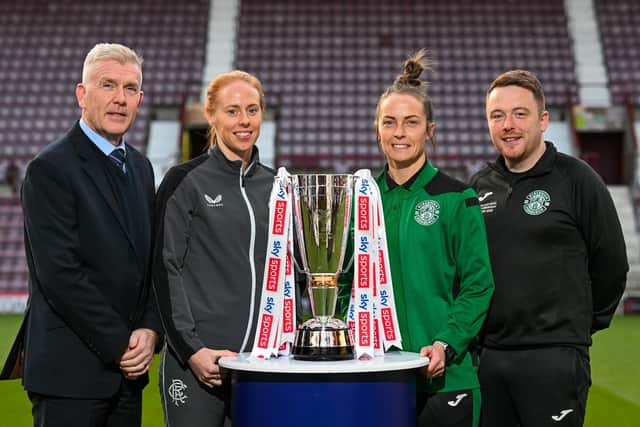 Rangers manager, Malky Thomson, capain Kathryn Hill, Hibs captain Joelle Murray and  manager Dean Gibson line up ahead of the SWPL Cup final. Picture: Malcolm Mackenzie.