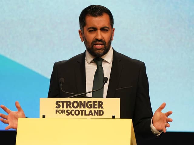 Scottish First Minister and SNP leader Humza Yousaf making his keynote speech during the SNP annual conference at the Event Complex Aberdeen (TECA) in Aberdeen.