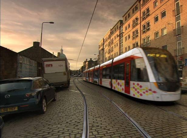 A photo illustration of a tram on Constitution street Leithtrams for edinburgh