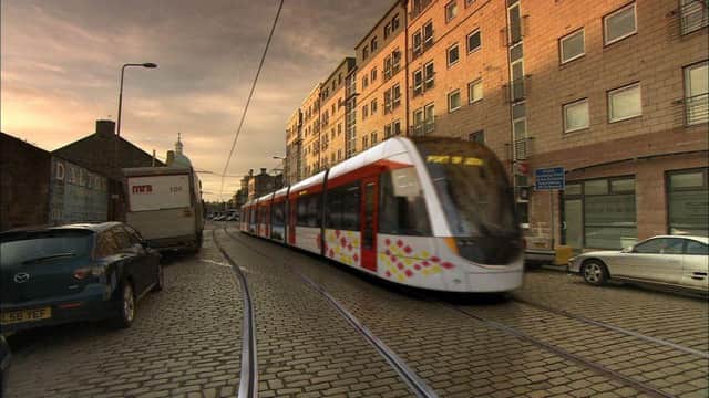 A photo illustration of a tram on Constitution street Leithtrams for edinburgh