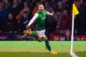 Martin Boyle celebrates putting Hibs 2-0 ahead in their 3-1 Premier Sports Cup semi-final victory over Rangers. Picture: SNS