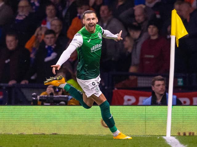 Martin Boyle celebrates putting Hibs 2-0 ahead in their 3-1 Premier Sports Cup semi-final victory over Rangers. Picture: SNS