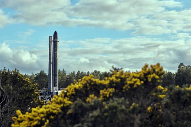 The Orbex Prime rocket towers above the gorse at its Morayshire test site