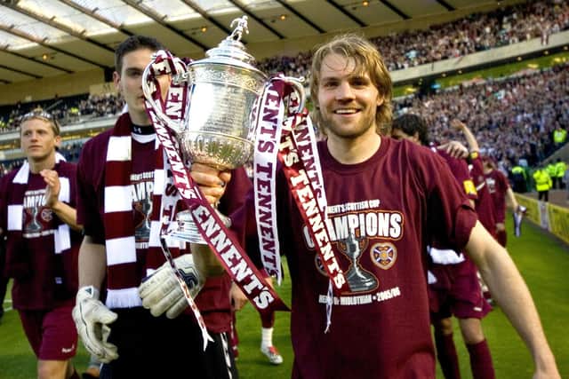 Robbie Neilson leads the Hearts Scottish Cup parade with Craig Gordon in 2006 after Hearts defeated Gretna on penalties.
