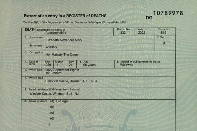An extract from the Queen's death certificate. Picture: National Records of Scotland