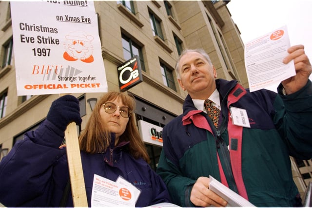 Banking union BIFU mount a picket at the Clydesdale Bank on Lothian Road, where general secretary Sandy Boyle is joined on the picket line by Gail Clark, a customer service officer with the bank, at Christmas 1997.