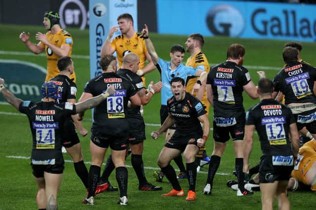 Sam Hidalgo-Clyne, centre, celebrates Exeter Chiefs' victory over Wasps in the Gallagher Premiership final at Twickenham. Picture: David Rogers/Getty Images