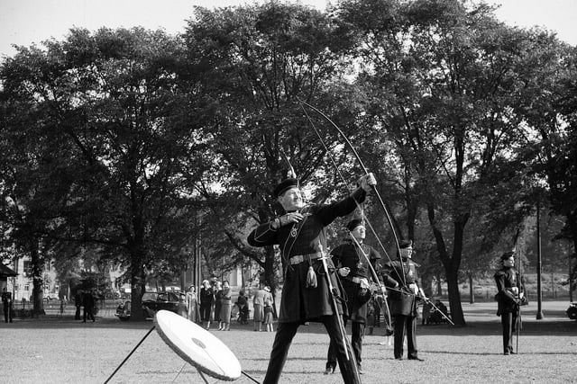 The Royal Company of Archers was an annual competition that took place in The Meadows in Edinburgh. Here, Brigadier J Grainger Stewart takes his shot. Year: 1954