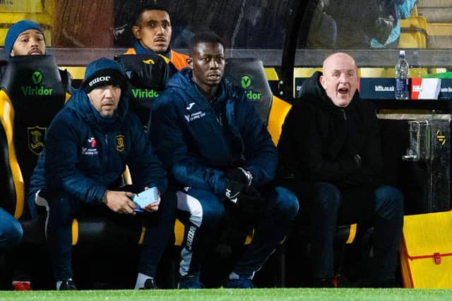 David Martindale bellows instructions from the bench during Livingston's 1-0 win over Hibs. Picture: SNS
