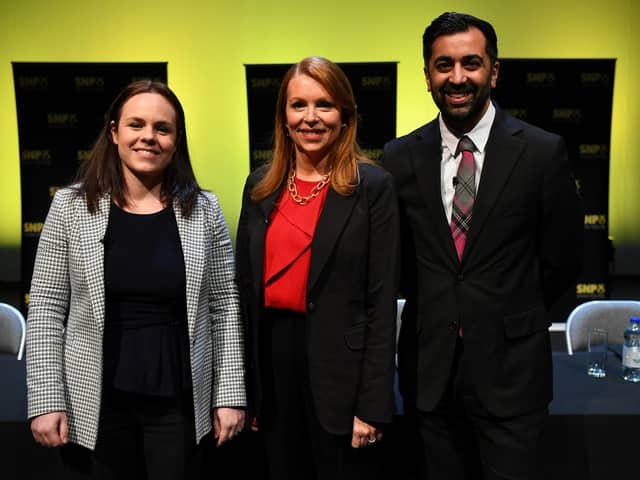 Kate Forbes, left, Ash Regan, and Humza Yousaf are standing to become leader of the SNP (Picture: Andy Buchanan/pool via Getty Images)