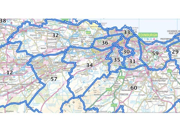 These are the constituencies proposed by Boundaries Scotland: 12) Bathgate and Almond Valley; 32) Edinburgh Forth and Linlithgow; 57) Livingston; 34) Edinburgh Pentlands;  36) Edinburgh Western; 33) Edinburgh Northern and Leith; 30) Edinburgh Central; 35) Edinburgh Southern; 31) Edinburgh Eastern; 60) Midlothian South; 59) Midlothian North and Musselburgh; 29) East Lothian.