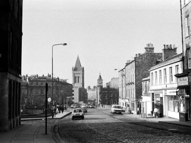 A view of the Stockbridge area of Edinburgh, looking towards Raeburn Place in March 1985.