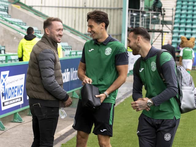 Aiden McGeady with Joe Newell and Martin Boyle before Saturday's match against Rangers at Easter Road. Picture: Alan Harvey / SNS