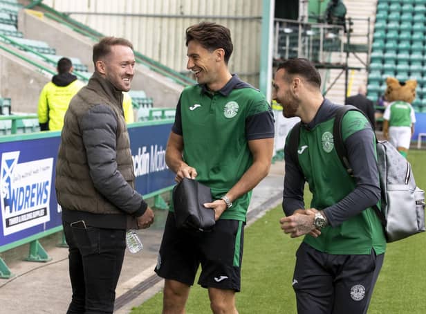 Aiden McGeady with Joe Newell and Martin Boyle before Saturday's match against Rangers at Easter Road. Picture: Alan Harvey / SNS