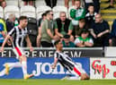 Keanu Baccus celebrates in front of the Hibs support after opening the scoring for St Mirren. Picture: SNS