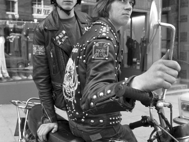 Boys in black leathers with their Honda motorbike in Edinburgh, May 1980.