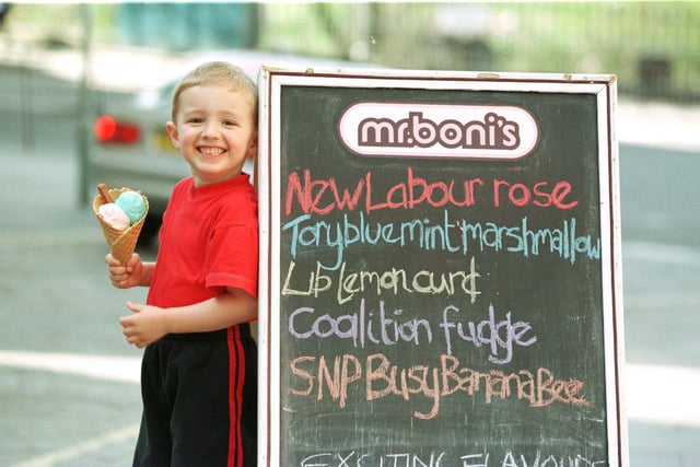 Gary Hunter, 4, of Musselburgh, enjoys a mixture of Mr Bon's parliament-flavoured ice creams, 1999.