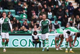James Jeggo gees up his new team-mates after losing the first goal in Hibs' 3-0 defeat by Hearts