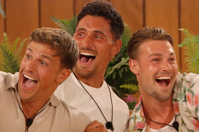 Jay with Andrew Le Page and Luca Bish on Love Island (ITV)