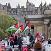 Protestors at a Scottish Palestine Solidarity Campaign demonstration in Edinburgh. 
Photo: Jane Barlow/PA Wire