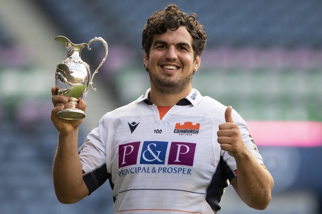 McInally with the 1872 Cup after Edinburgh defeat Glasgow at BT Murrayfield in August 2020