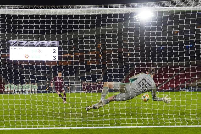 Stephen Kingsley's penalty is saved by Conor Hazard in the 2020 Scottish Cup final penalty shoot-out as Celtic go on to defeat Hearts. Picture: SNS
