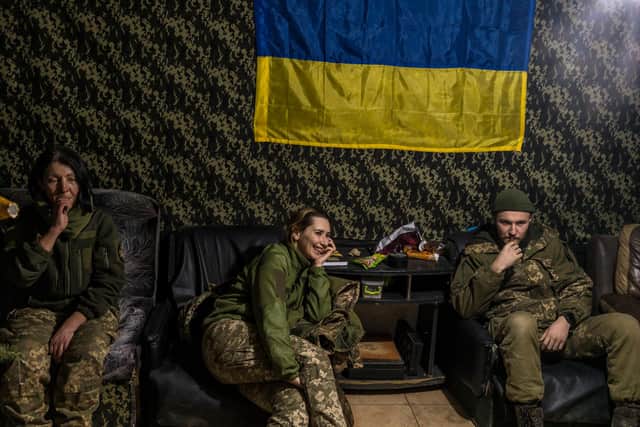 Ukrainian soldiers with the 56th Brigade in a bunker on the front line at Pisky, Ukraine, earlier this month (Picture: Brendan Hoffman/Getty Images)