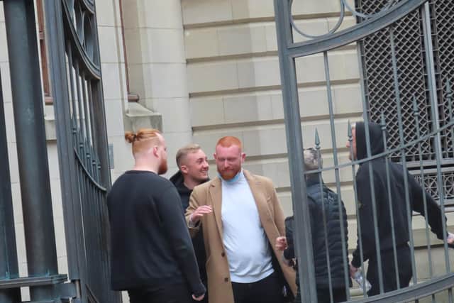 Ben Lawless meets pals outside Edinburgh Sheriff Court.