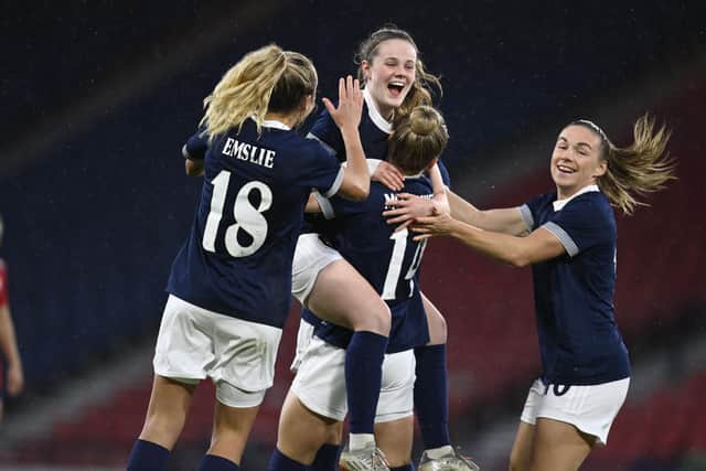 Scotland's Emma Watson celebrates after making it 1-0. (Photo by Rob Casey / SNS Group)
