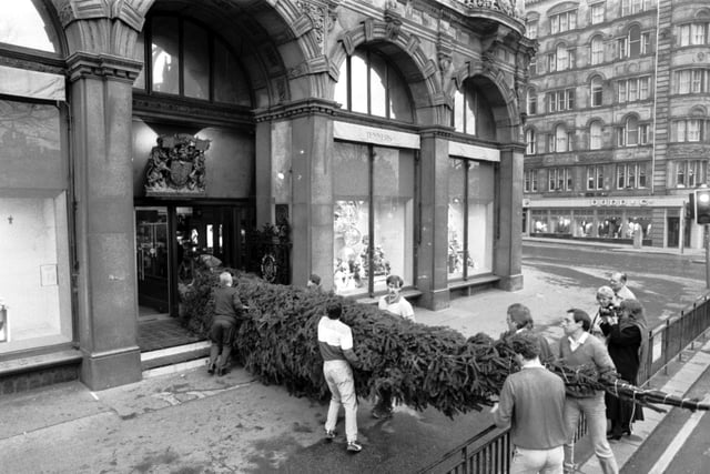A 40ft Christmas tree is delivered to Jenners, Edinburgh's most famous department store, in November 1987.