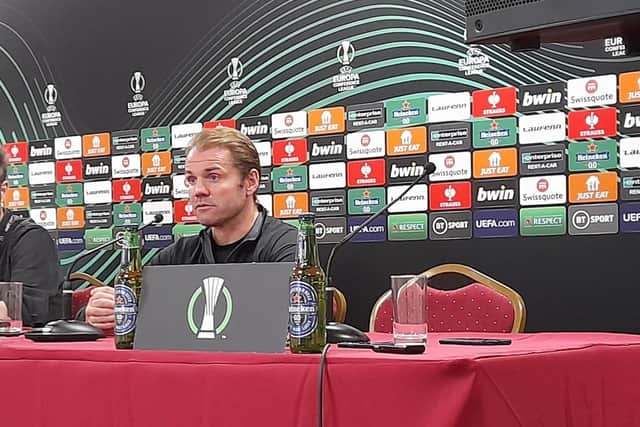 Hearts manager Robbie Neilson at the pre-match press conference ahead of the Istanbul Basaksehir tie.
