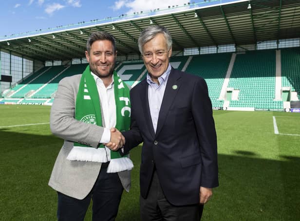 Hibs owner Ron Gordon welcomes new manager Lee Johnson to the club