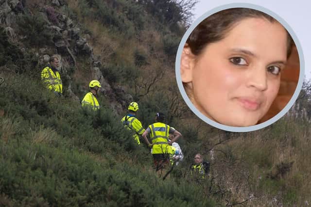 Police on the scene at Arthur's Seat in September 2021 when the body of Fawziyah Javed (inset) was found there.