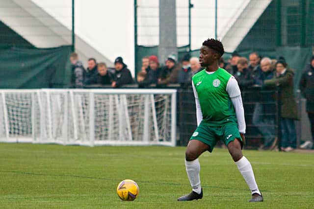 Kanayo Megwa in action for Hibs Under-18s against Hearts Under-18s at the Oriam. Picture: Maurice Dougan