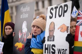 Ukrainians hold a protest against the Russian invasion of Ukraine outside Downing Street. Picture: Stefan Rousseau/PA Wire