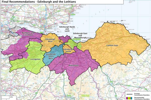 The proposed map of Edinburgh and the Lothians for the next UK general election - the black lines mark the current boundaries, the coloured areas the proposed new constituencies.   Image: Boundary Commission for Scotland.