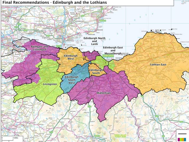 The proposed map of Edinburgh and the Lothians for the next UK general election - the black lines mark the current boundaries, the coloured areas the proposed new constituencies.   Image: Boundary Commission for Scotland.